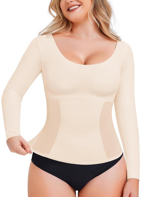 Women's Solid Long Sleeve Shapewear Top, Tummy Control Shaper,  Waist Trainer Women, Compression Tanks for Women,  Scoop Neck Top