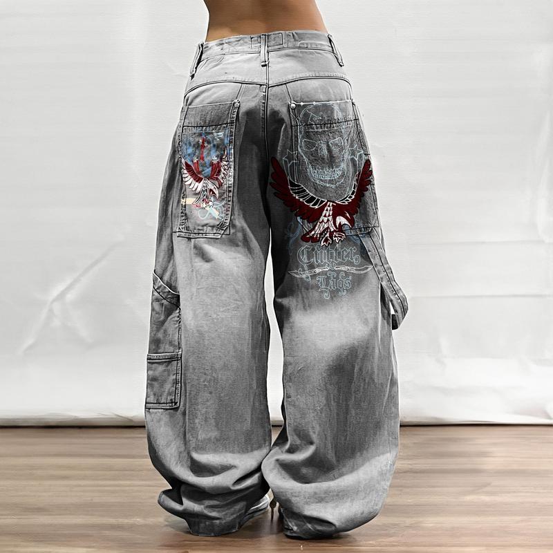 High Waist Jeans baggy, Street Hip Hop Retro Casual Big Pocket Oversized Jeans, Jeans With Skull and Eagle Print, Plus Size jeans, Streetwear Pants