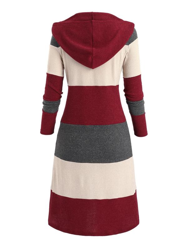 Women's Colorblock Print Hooded Sweater Cardigan, Casual Long Sleeve Open Front Knitwear for Spring & Fall, Fashion Women's Knit Clothing for Daily Wear