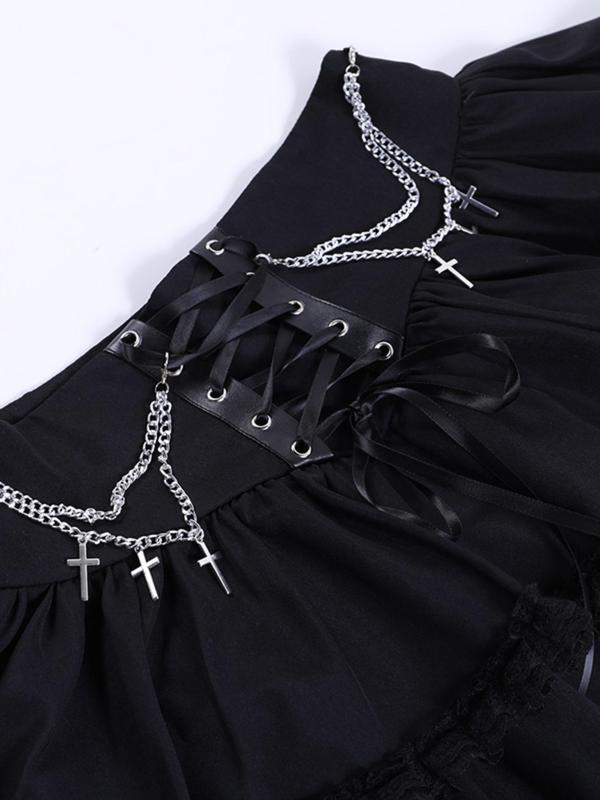 Women's Cross & Chain Decor Lace Skirt, Gothic Lace Up Ruffle Trim Skirt for Party Holiday Vacation, Ladies Bottoms for All Seasons