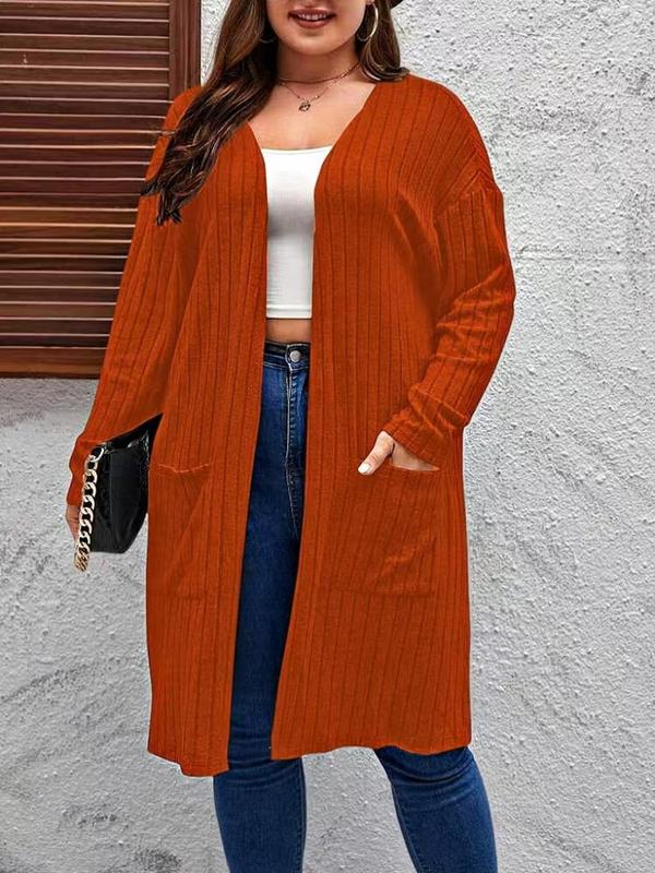  Solid Pocket Ribbed Cardigan, Casual Drop Shoulder Long Sleeve Open Front Outerwear for Spring & Fall, Gift Set, Fall Sweaters for Women, Women's Clothes for Daily Wear Christmas