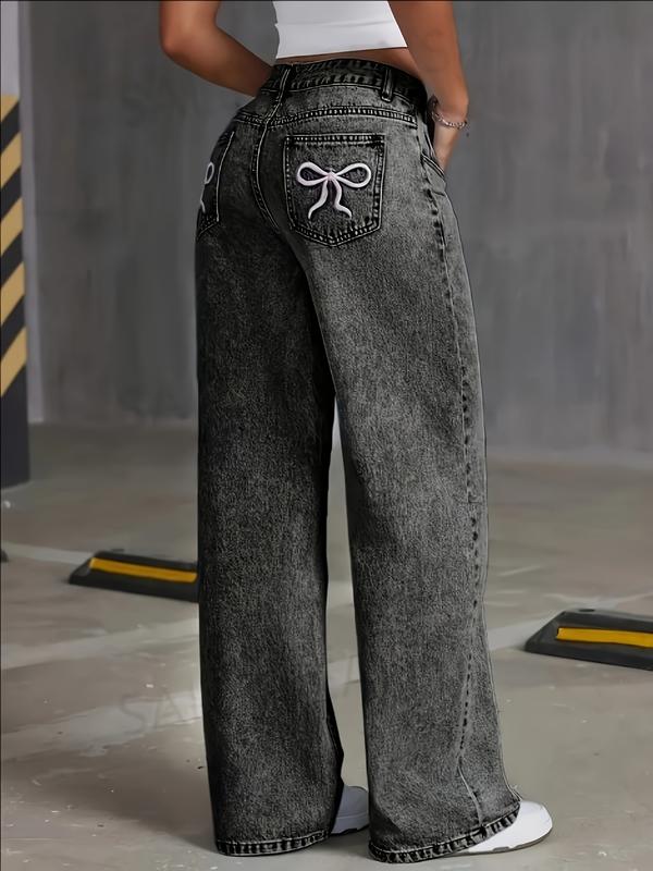 Fashionable New Style Women's Embroidered Bow Denim Straight-leg Trousers, Low-waist Design Perfectly Shows The Waist, Version Of Stiff Wide-leg Pants, High-quality Fabric, Soft And Comfortable, A Must For Leisure Outing, Halloween Christmas Gift