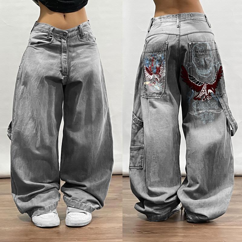 High Waist Jeans baggy, Street Hip Hop Retro Casual Big Pocket Oversized Jeans, Jeans With Skull and Eagle Print, Plus Size jeans, Streetwear Pants