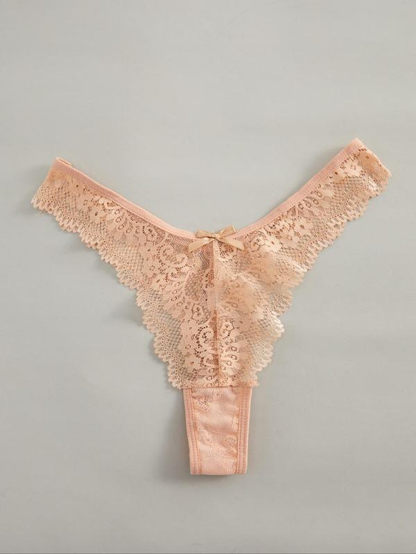 Women's Bow Decor Lace Thong, Casual Sheer Scallop Trim Panty, Ladies Underwear for Daily Wear