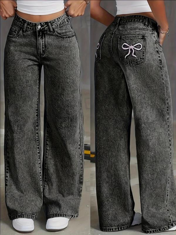 Fashionable New Style Women's Embroidered Bow Denim Straight-leg Trousers, Low-waist Design Perfectly Shows The Waist, Version Of Stiff Wide-leg Pants, High-quality Fabric, Soft And Comfortable, A Must For Leisure Outing, Halloween Christmas Gift