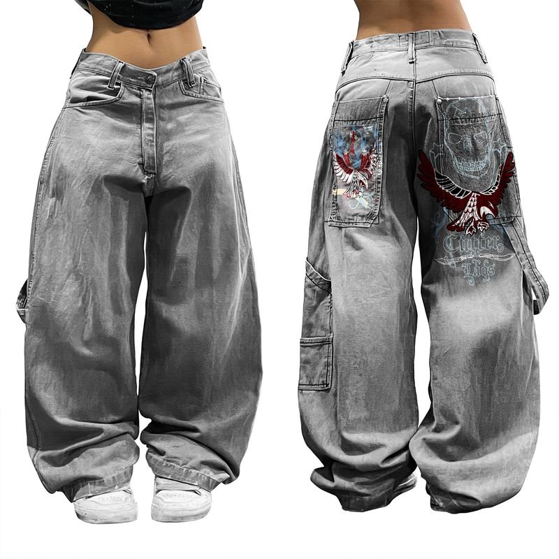 High Waist Jeans baggy, Street Hip Hop Retro Casual Big Pocket Oversized Jeans, Jeans With Skull and Eagle Print, Plus Size jeans, Streetwear Pants