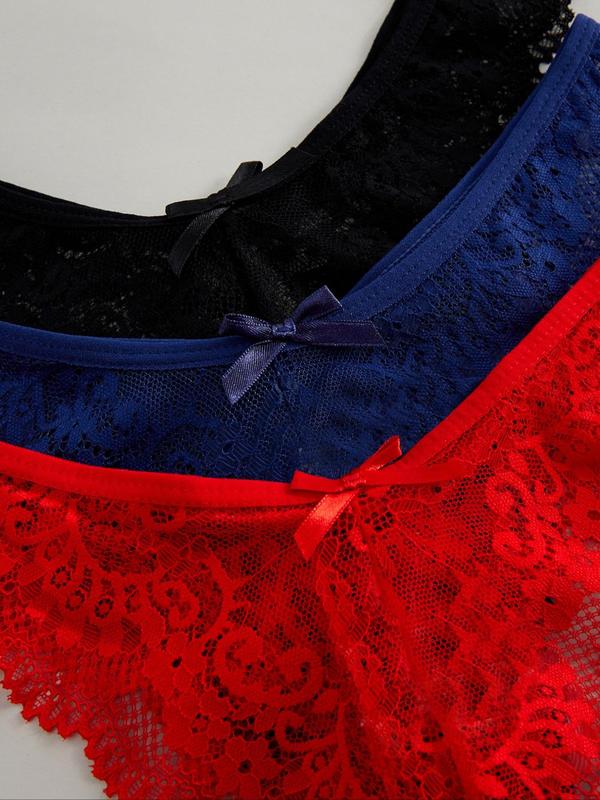 Women's Bow Decor Lace Thong, Casual Sheer Scallop Trim Panty, Ladies Underwear for Daily Wear