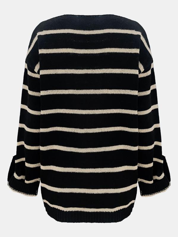 Women's Striped Print Drop Shoulder Pocket Sweater, Casual Long Sleeve Round Neck Jumper for Fall, Sweaters for Women, Fashion Ladies' Knitwear for Daily Wear, Downtown Girl Clothes