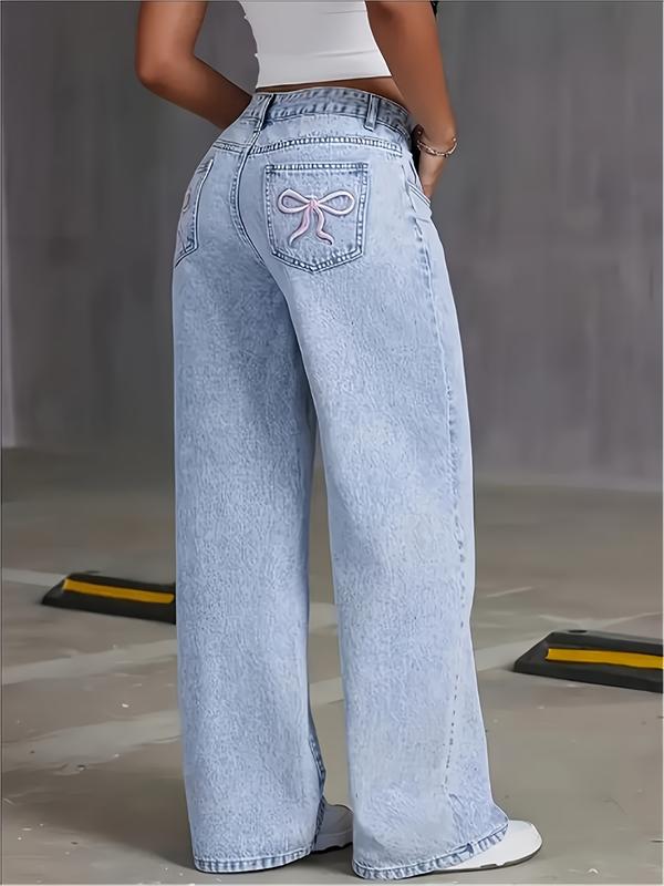 Fashionable New Style Women's Embroidered Bow Denim Straight-leg Trousers, Low-waist Design Perfectly Shows The Waist, Version Of Stiff Wide-leg Pants, High-quality Fabric, Soft And Comfortable, A Must For Leisure Outing, Halloween Christmas Gift