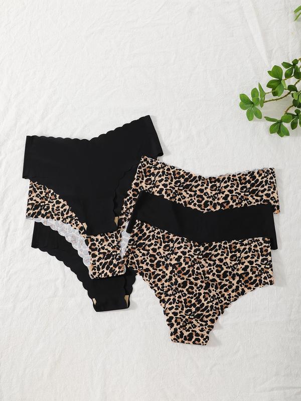 Women's Leopard Print Scallop Trim Knicker Soft Comfy Breathable Panty for Daily Wear, Underwear for All Seasons