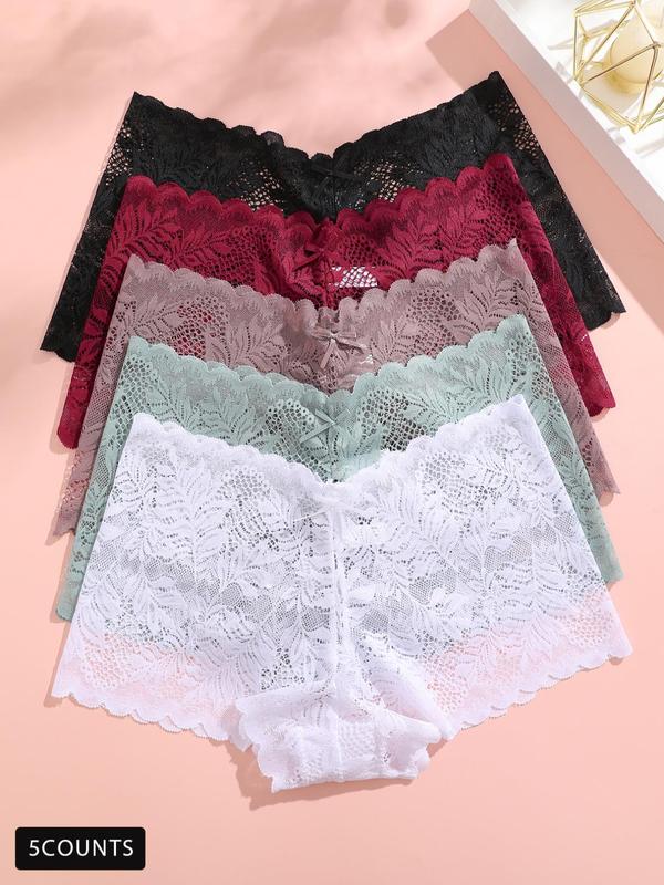 Women's 5pcs Solid Scallop Trim Hollow Out Lace Panty, Casual Womenswear Elegance Comfy Breathable Knicker for Lady Daily Wear, Women's Comfortable Panties Underwear for All Seasons