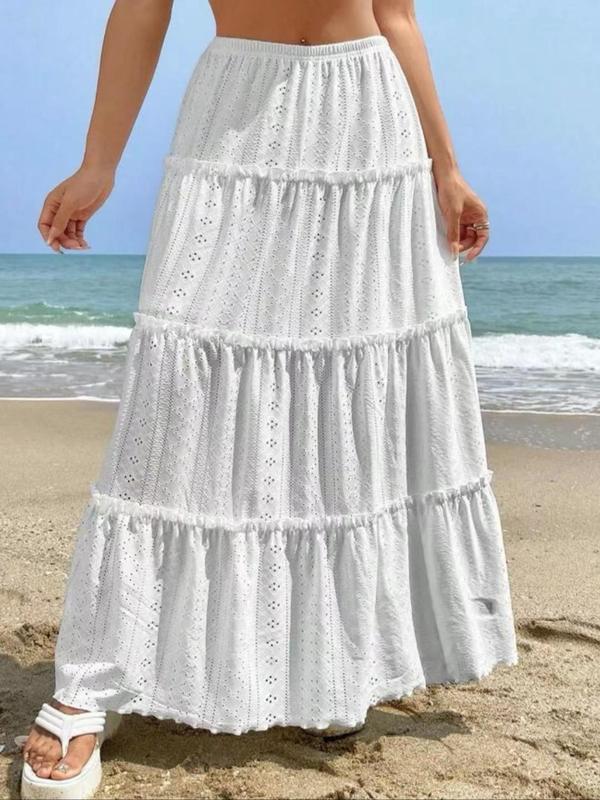 Womenswear Frill Ruffle Hem Hollow Out A Line Vintage Skirt, Girly Clothes, Comfort Elastic Waist Long Skirt, Back To School Clothes, Minimalist Summer Outfits, Ladies Summer Clothes, Birthday Gifts