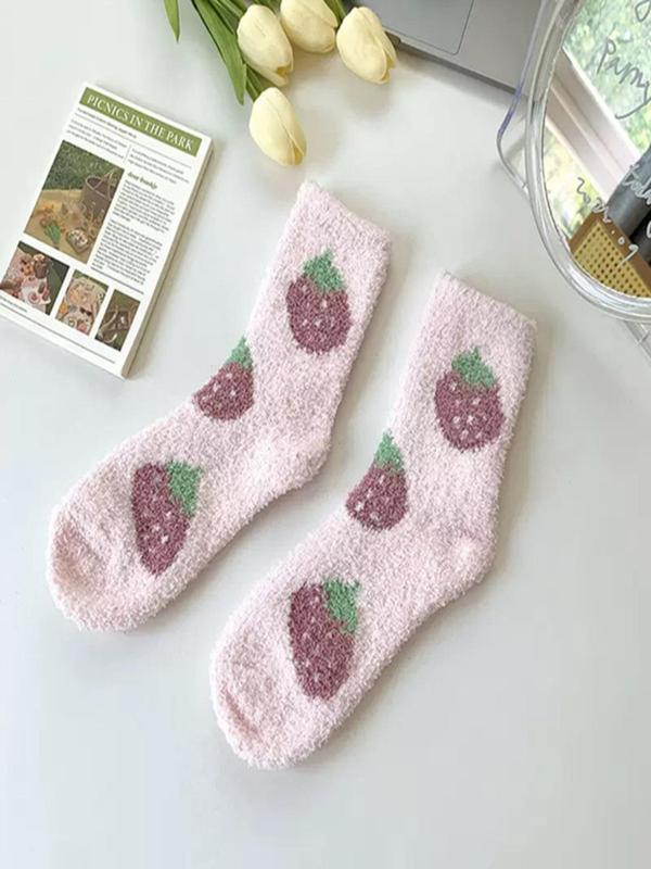 Women's Cute Cartoon Pattern Fuzzy Socks, 5 Pairs Warm Comfy Mid-calf Socks for Fall & Winter, Women's Socks for Daily Wear