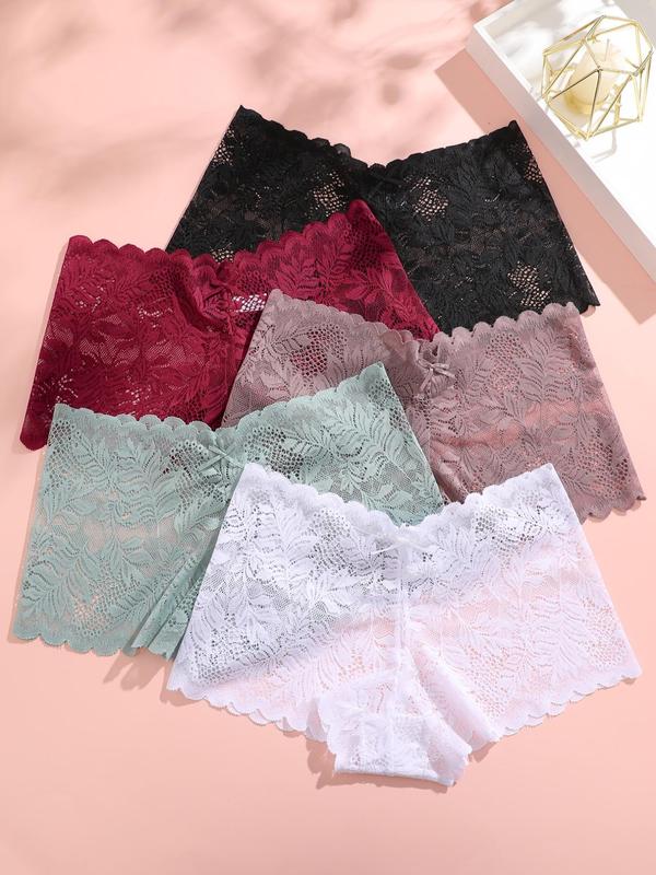 Women's 5pcs Solid Scallop Trim Hollow Out Lace Panty, Casual Womenswear Elegance Comfy Breathable Knicker for Lady Daily Wear, Women's Comfortable Panties Underwear for All Seasons