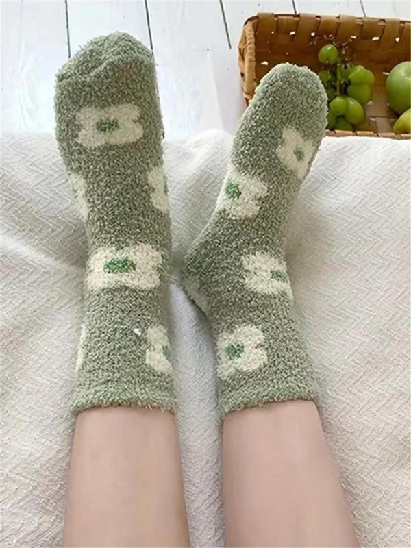 Women's Cute Cartoon Pattern Fuzzy Socks, 5 Pairs Warm Comfy Mid-calf Socks for Fall & Winter, Women's Socks for Daily Wear