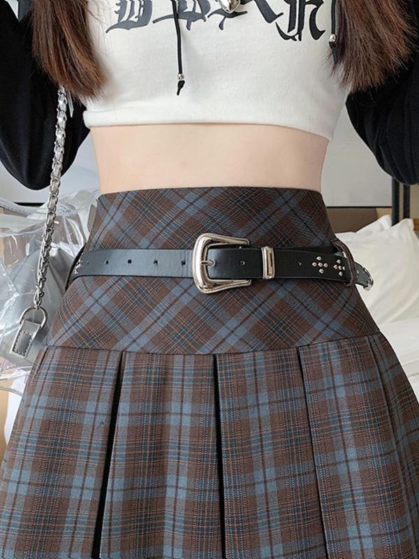 Women's Plaid Print Belted Pleated Skirt, Y2K Fashion High Waist Short Skirt for Daily Outdoor Wear, Women's Bottoms for All Seasons