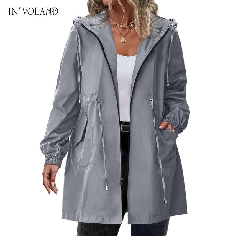 Holiday haul IN'VOLAND Women's Rain Jacket Plus Size Long Raincoat Lightweight Hooded Windbreaker Waterproof Jackets with Pockets Casual Long Sleeve