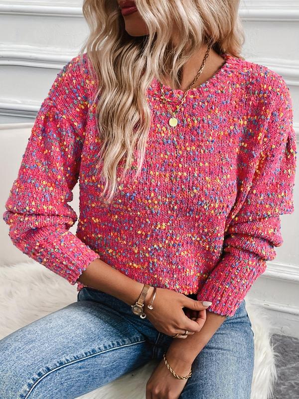 Women's Colorblock Pom Pom Decor Drop Shoulder Sweater, Casual Long Sleeve Round Neck Jumper for Fall & Winter, Fashion Ladies' Knitwear for Daily Wear, Fall Outfits, Fall freshness, Fall Outfits 2024 Cardigan Sweater