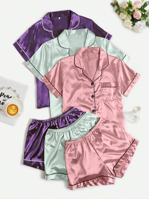 Women's Contrast Binding Lapel Neck Pocket Shirt & Shorts Satin Pyjama Set, Casual Comfy Short Sleeve Button Up Top & Shorts PJ Set, Ladies Summer Sleepwear