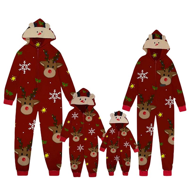 Matching Christmas Pjs for Family Reindeer Print Onesie Pajamas Hoodie  Xmas Sleepwear Outfits