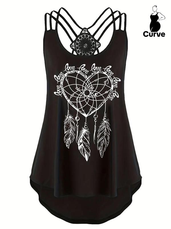  Heart & Feather Graphic Print Criss Cross Tank Top, Casual Scoop Neck Sleeveless Top for Summer, Summer Clothes Women, Women's Plus Clothing