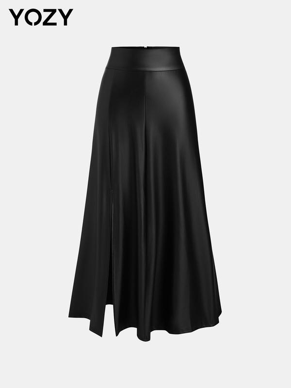 YOZY Women's Solid Split Hem Zipper Back A Line Skirt, Fashion Casual High Waist Long Skirt for Daily Outdoor Wear, Women's Bottoms for Fall & Winter