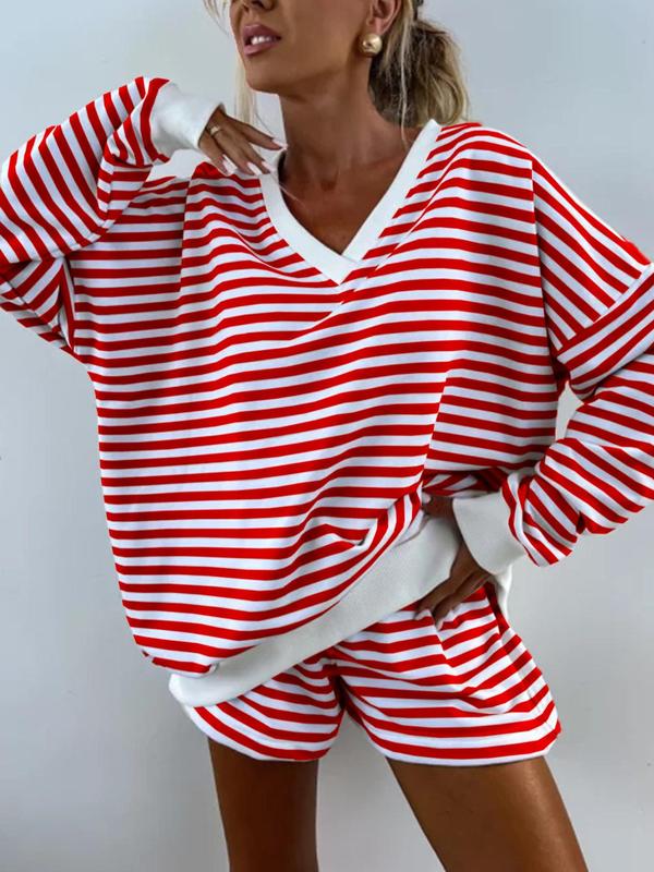 Two-piece Set Women's Striped Print Drop Shoulder Sweatshirt & Elastic Waist Shorts Loungewear, Casual Comfy V Neck Long Sleeve Top & Shorts Pj Set, Pajama Sets Women, Ladies Sleepwear for Spring & Fall, Black Girl Wear, Pajama Pants at Gym