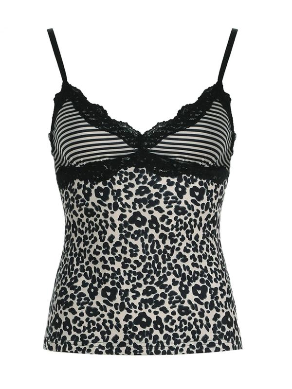 Women's Leopard & Striped Print Contrast Lace Cami Top, Y2K Fashion Adjustable Strap Top for Summer, Women's Top for Daily Wear