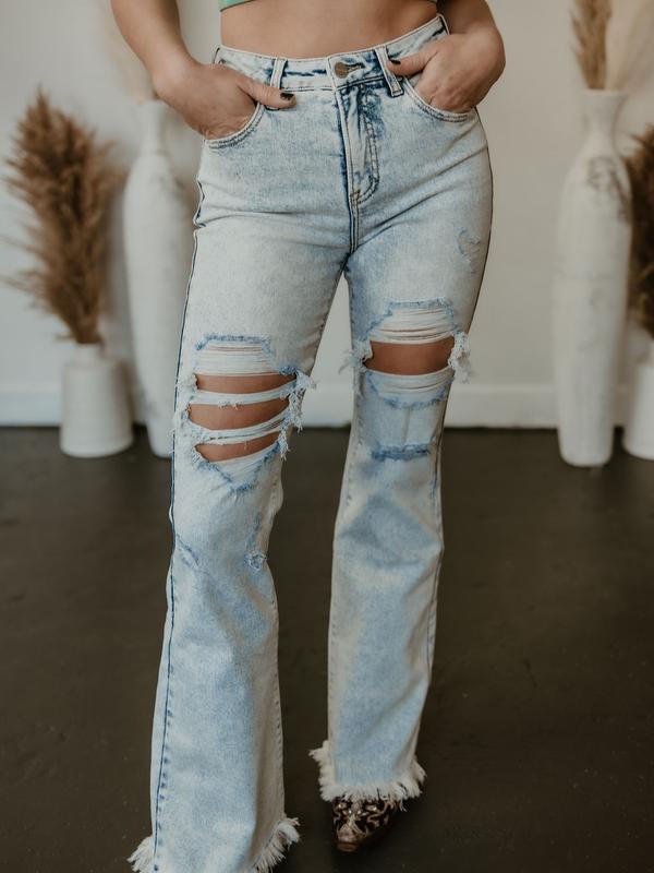 Dani Morgans Exclusive Risen Acid Wash Tummy Control High Rise Distressed Flare Jeans- Medium Acid Wash Comfort Denim