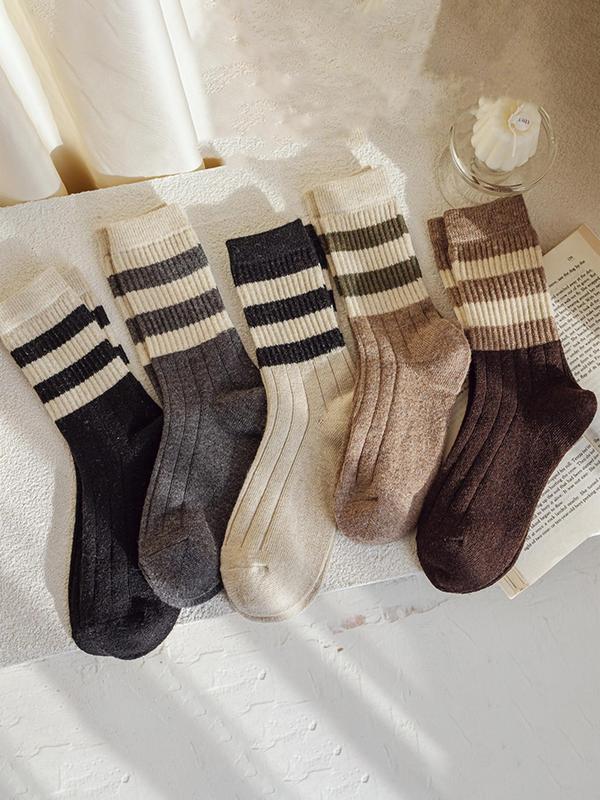 Women's Striped Mid-calf Socks, Casual Comfy Breathable Socks for Daily Wear, Women's Socks for All Seasons