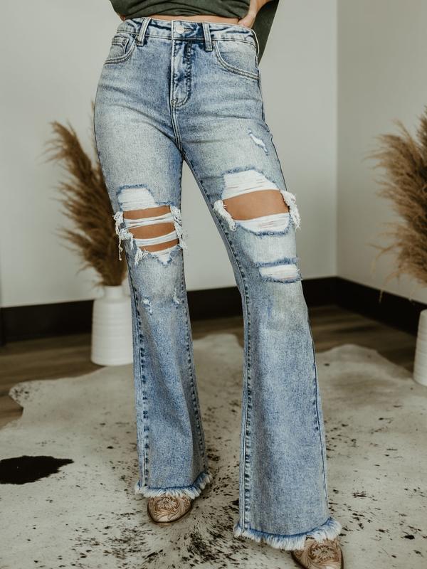 Dani Morgans Exclusive Risen Acid Wash Tummy Control High Rise Distressed Flare Jeans- Medium Acid Wash Comfort Denim