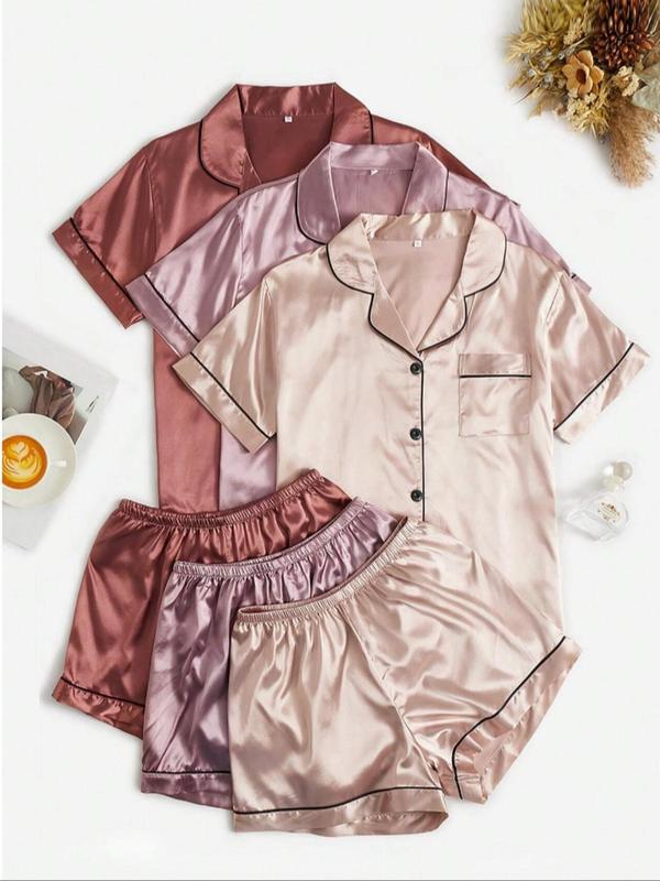 Women's Contrast Binding Lapel Neck Pocket Shirt & Shorts Satin Pyjama Set, Casual Comfy Short Sleeve Button Up Top & Shorts PJ Set, Ladies Summer Sleepwear