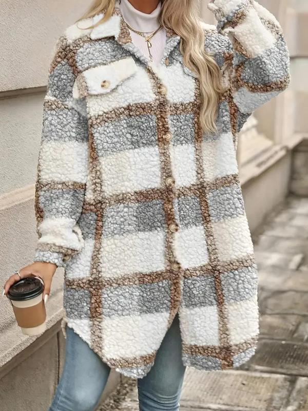  Plaid Print Button Front Curved Hem Plush Coat, Casual Long Sleeve Collared Outerwear for Fall & Winter, Women's Clothes for Daily Wear