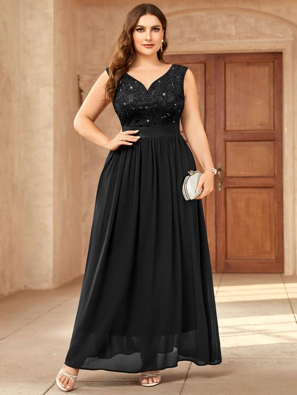 MISSMAY Women's Plus Size Lady Sequin V-Neck Elegant Comfort Lace Contrast Sleeveless Solid Formal Evening Maxi Dress YP23098