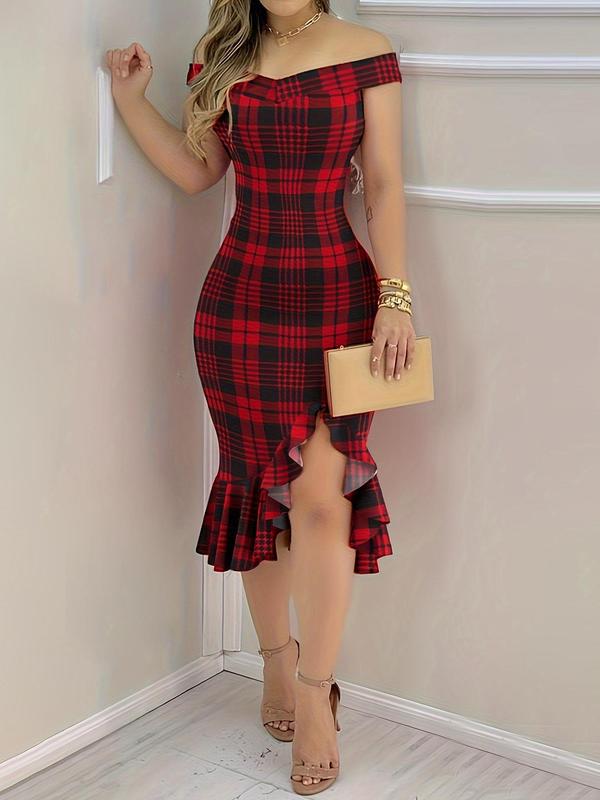 Women's  Tartan Print Off Shoulder Ruffle Hem Split Thigh Dress, Elegant Short Sleeve Midi Dress for Party Holiday Wedding Guest, Ladies Clothes for All Seasons