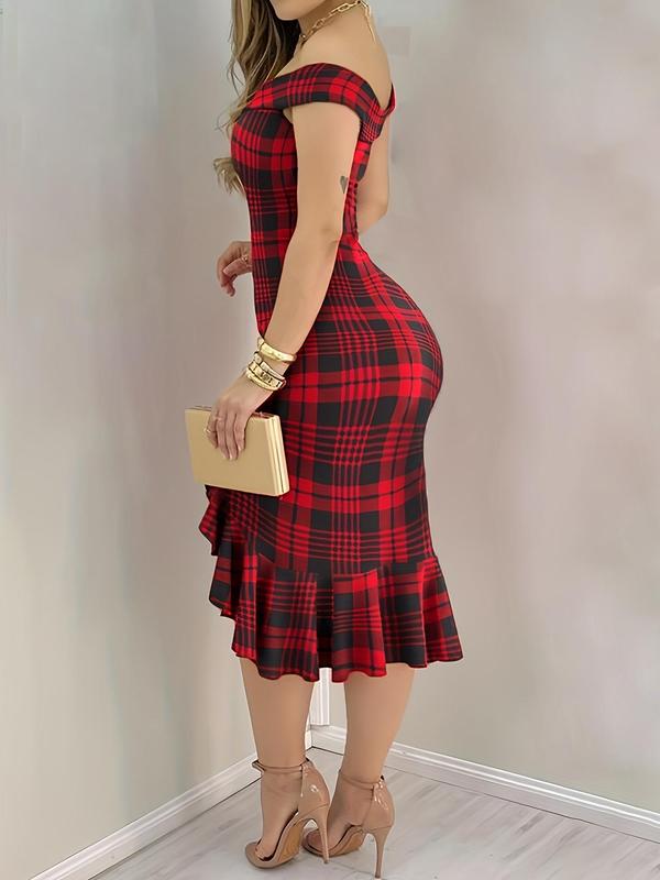 Women's  Tartan Print Off Shoulder Ruffle Hem Split Thigh Dress, Elegant Short Sleeve Midi Dress for Party Holiday Wedding Guest, Ladies Clothes for All Seasons