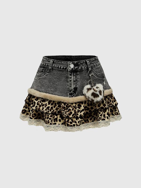 ROMWE Grunge Punk Y2K Patchwork Leopard Print Ruffle Hem Super-Short Denim Mini Skirt