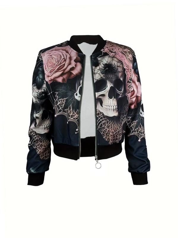 Women's Floral & Skull Print Zip Up Bomber Jacket, Casual Long Sleeve Baseball Collar Outerwear for Daily Wear, Ladies Clothes for All Seasons