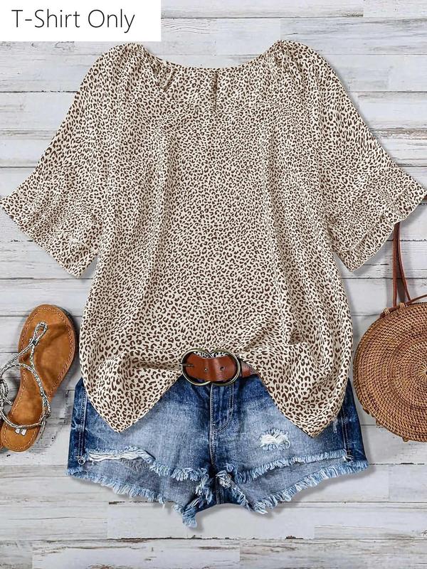  All Over Print Ruffle Layered Sleeve Blouse, Casual Short Sleeve Round Neck Top for Daily Wear, Plus Size Clothing, Going Out Tops, Fall Clothes, Women's Plus Back To School Clothing for All Seasons