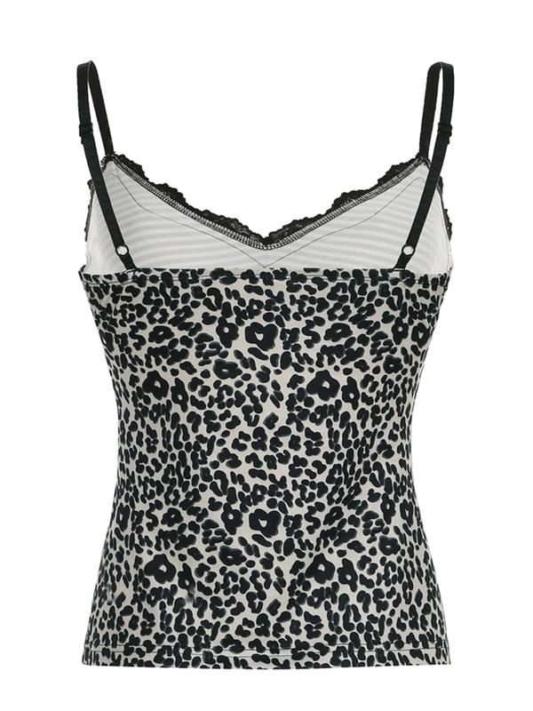 Women's Leopard & Striped Print Contrast Lace Cami Top, Y2K Fashion Adjustable Strap Top for Summer, Women's Top for Daily Wear