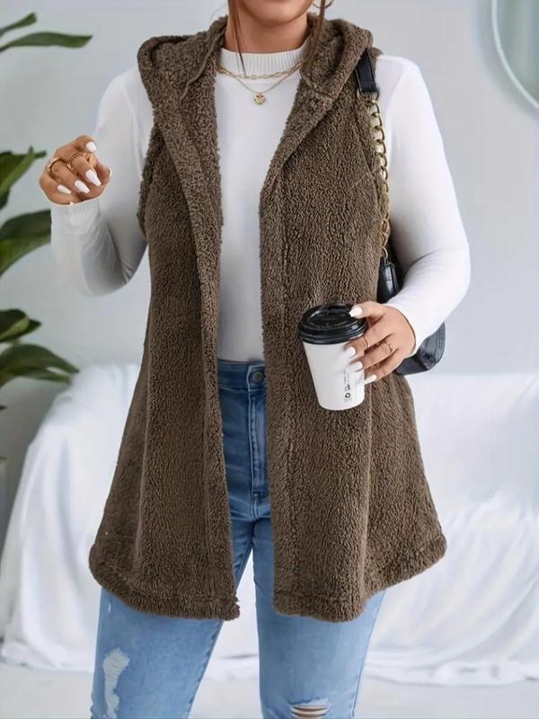 Plus Solid Color Hooded Vest Coat, Casual Basic Lady Coat, Minimalist Womenswear, Sleeveless Open Front Outerwear for Fall & Winter, Women's Clothes for Daily Wear