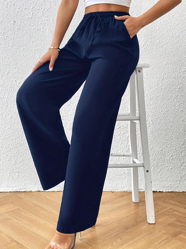 Women's Plain Pocket Drawstring Waist Wide Leg Pants, Elegant Comfy High Waist Straight Leg Trousers For Daily Wear, Ladies Bottoms For All Seasons