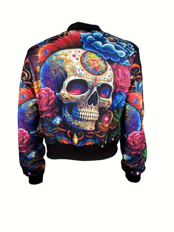 Women's Floral & Skull Print Zip Up Bomber Jacket, Casual Long Sleeve Baseball Collar Outerwear for Daily Wear, Ladies Clothes for All Seasons