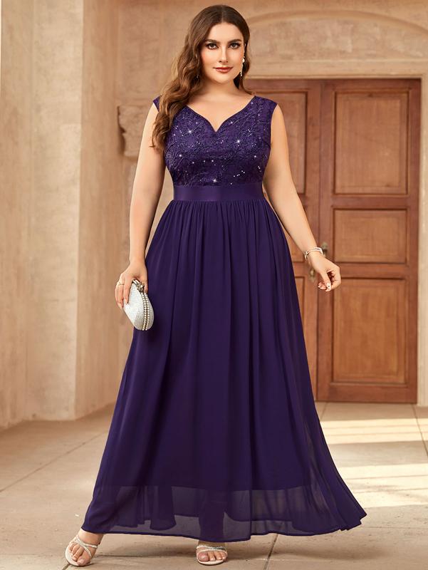 MISSMAY Women's Plus Size Lady Sequin V-Neck Elegant Comfort Lace Contrast Sleeveless Solid Formal Evening Maxi Dress YP23098