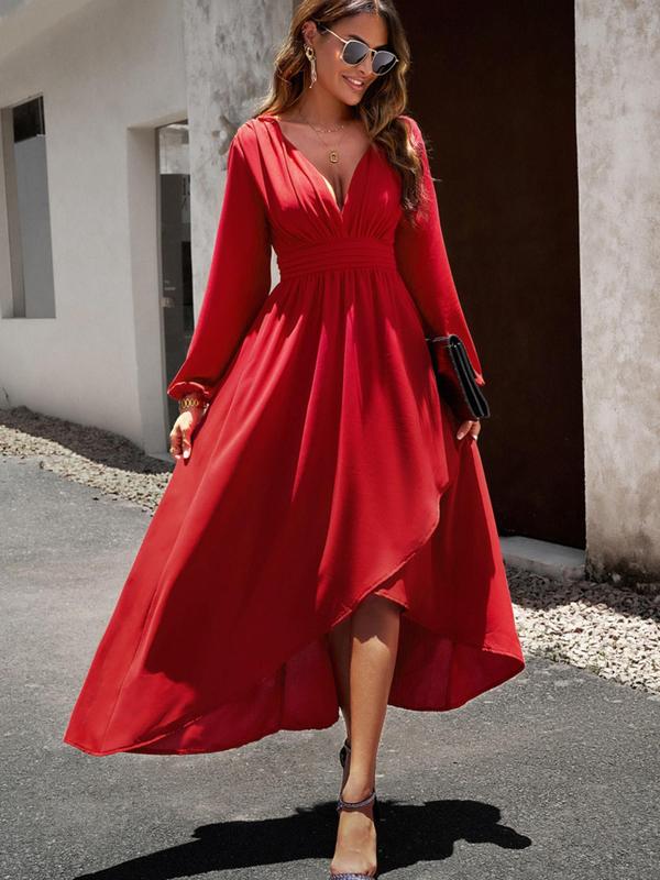 Women's High Low Wrap Vintage A Line Dress, Casual Bishop Sleeve Long Dress, Elegant Wedding Dresses, Birthday Dresses 2024, Dresses for Women, Wedding Guest Dress, Fall Dresses