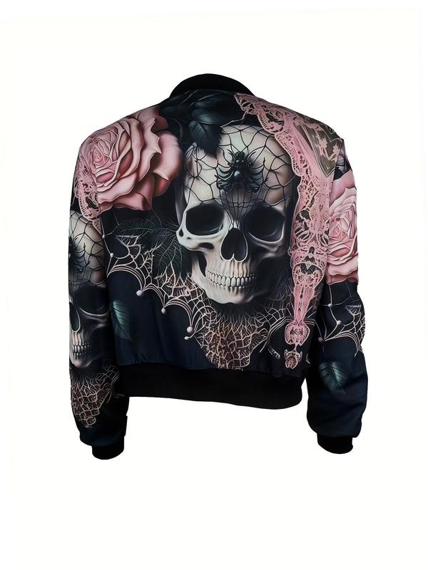 Women's Floral & Skull Print Zip Up Bomber Jacket, Casual Long Sleeve Baseball Collar Outerwear for Daily Wear, Ladies Clothes for All Seasons