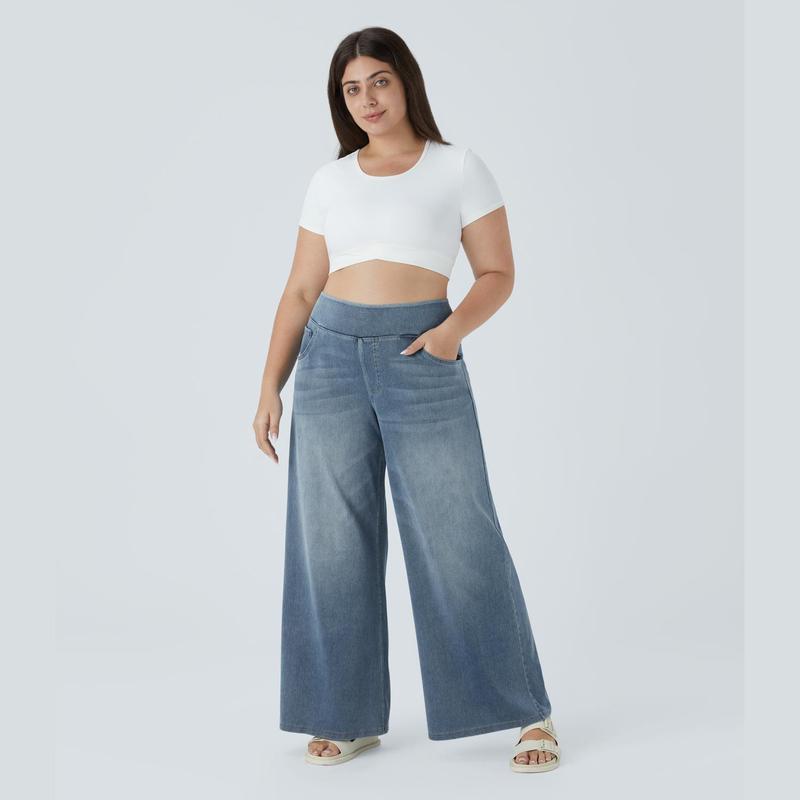 Halara Flex High Waisted Multiple Pockets Wide Leg Washed Stretchy Knit Casual Plus Size Jean