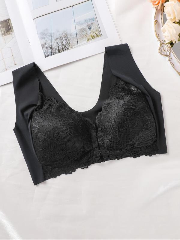 Women's Buckle Front Contrast Floral Lace Bralette, Casual Comfy Breathable Wireless Bra, Women's Lingerie for All Seasons