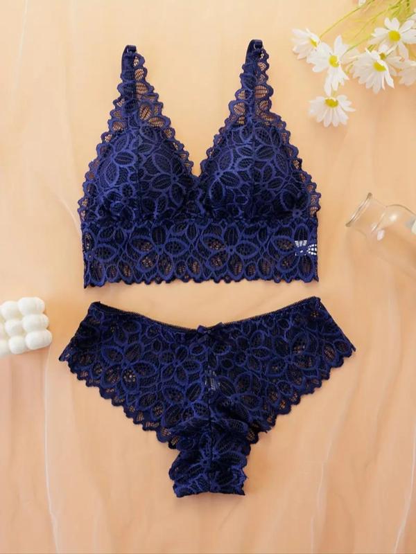 Women's Contrast Lace Flower Pattern Bra & Panty Set, Adjustable Strap Wireless Lingerie Top & Panty, Soft Comfy Breathable Underwear Set for Women