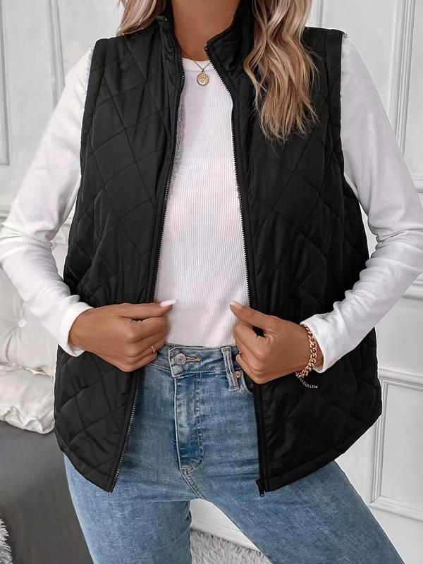 Women's Solid Zip Up Thermal Lined Vest Jacket, Casual Pocket Stand Collar Sleeveless Outerwear for Fall & Winter, Women's Clothes for Daily Wear